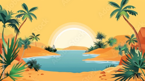 Serene sunset oasis in desert landscape illustration.