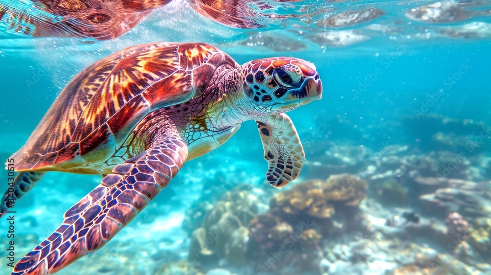 Obraz premium Green sea turtle swimming in crystal clear ocean water. Concept of marine life, wildlife, sea turtle, tropical aquatic life