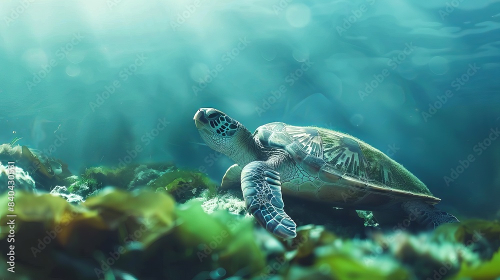 Fototapeta premium Marine turtle underwater in a sunlit ocean. Concept of sea reptile, aquatic life, marine wildlife