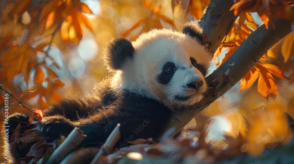 Obraz premium Adorable baby panda climbing a tree branch. Cute panda cub in its natural habitat. Concept of wildlife, cuteness, and conservation. Perfect for nature and animal themes