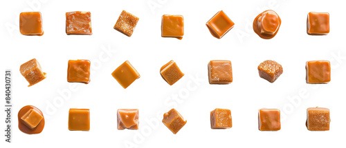 Square cut caramel pieces set collection. French flair or breakfast treats. top view / flat lay. design elements.