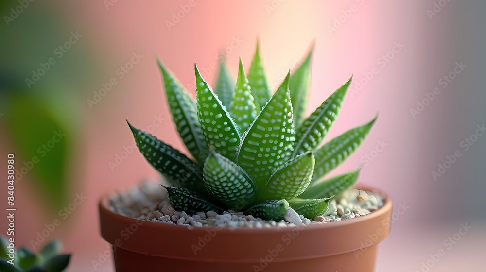 cute mini Haworthia cymbiformis plant in a pot, light pastel background cute mini Haworthia cymbiformis plant in a pot, light pastel background