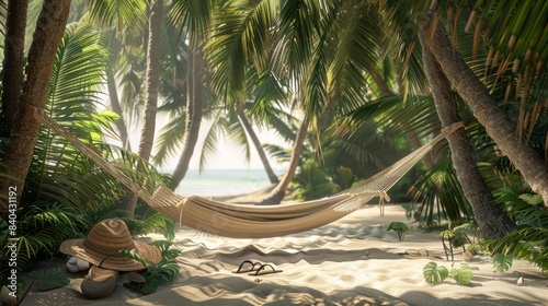 Relaxation in Paradise Tranquil Hammock Scene with Sunhat and Flipflops