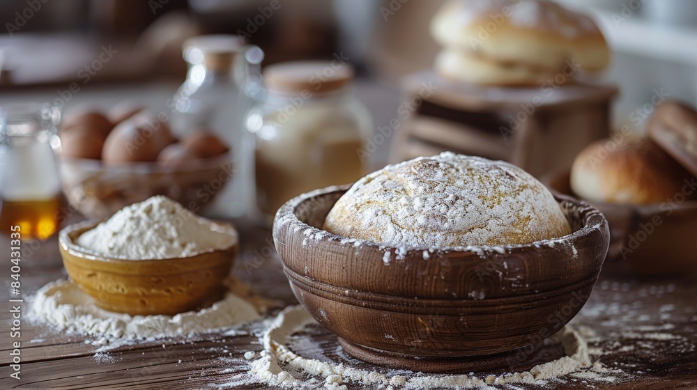 A Rustic Farmhouse Kitchen Scene With a Dough Bowl Filled With Rising Bread. Generative AI A Rustic Farmhouse Kitchen Scene With a Dough Bowl Filled With Rising Bread. Generative AI