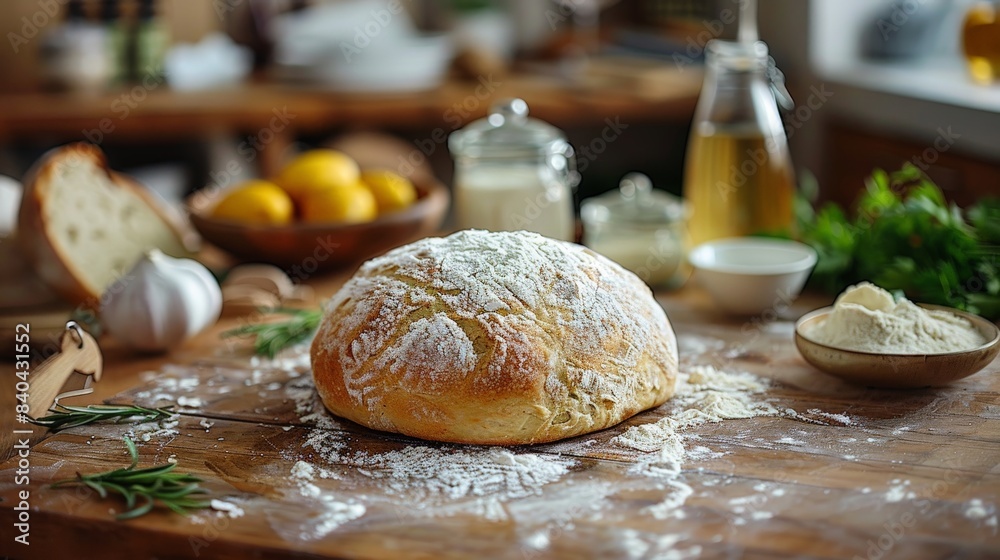 A Freshly Baked Loaf of Bread Ready to Be Enjoyed in a Rustic Kitchen. Generative AI A Freshly Baked Loaf of Bread Ready to Be Enjoyed in a Rustic Kitchen. Generative AI