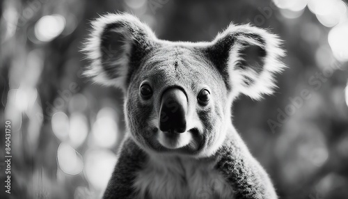 The picture shows a close-up of a koala or kangaroo's face, mouth open, in black and white, highlighting light-shadow contrast. photo