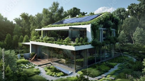 Sustainable Living EnergyPositive Home with Solar Panels and Green Roofs