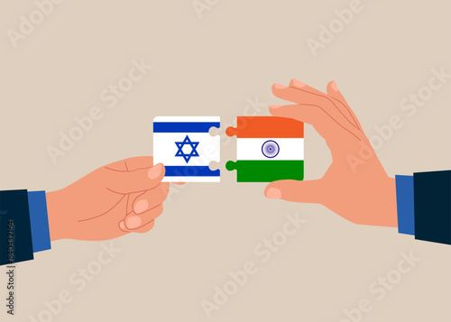 Bilateral cooperation. Connecting puzzle elements jigsaw puzzle Israel and Indian flags. Vector illustration