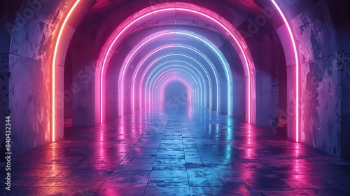 imaginative ai illustration of an abstract futuristic corridor with purple and blue neon lights.stock illustration