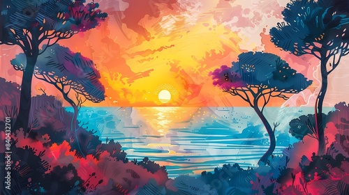 Retro sea sunrise and trees illustration poster background