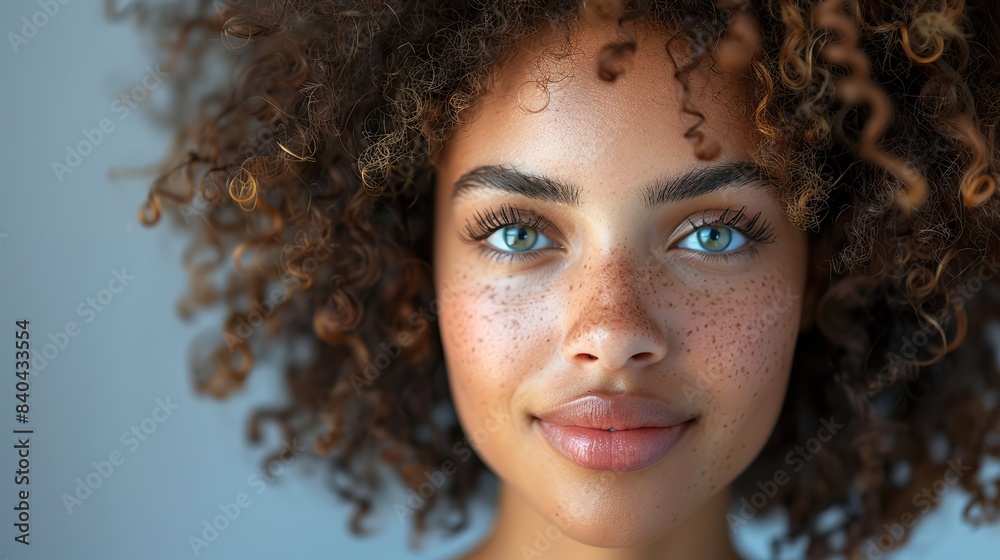 female multiracial portrait over grey background in a studio.stock photo female multiracial portrait over grey background in a studio.stock photo