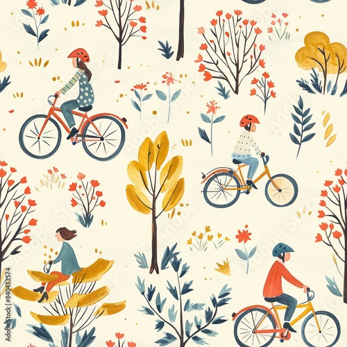 A crayon sketch of a family riding bicycles together on a sunny day, with helmets on and a trail with trees and flowers. Minimal pattern banner wallpaper, simple background, Seamless,