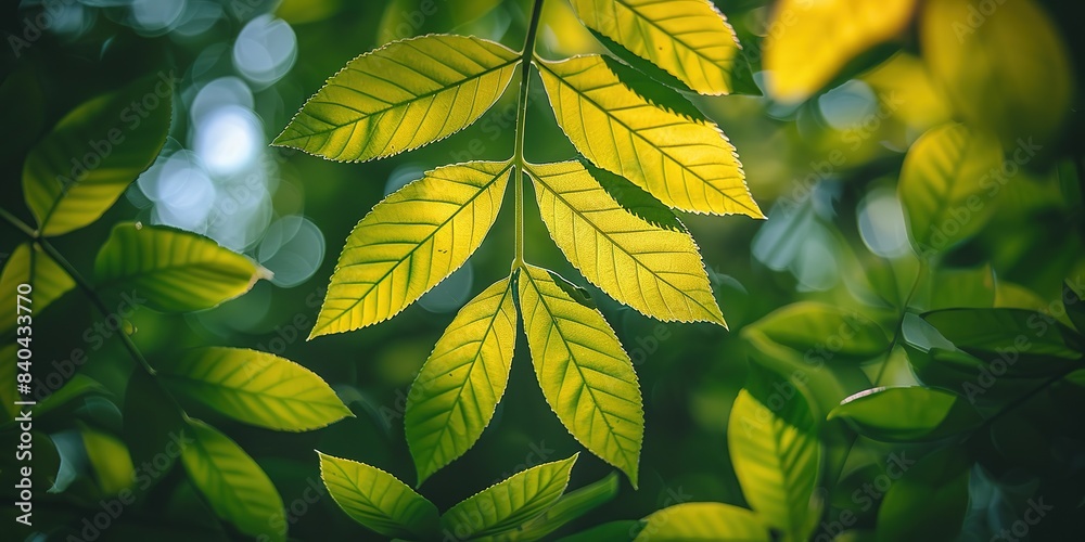 Green leaf in garden at summer in sunny weather. Natural green leaves plants. Play of light and shadow. Spring and summer green background. Greenery wallpaper