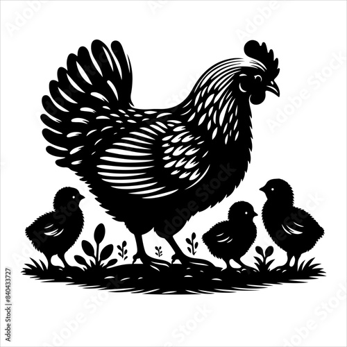 Mother Hen with Her Chicks silhouette vector. Happy mother hen walking with her cute little chicks