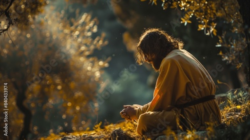 Jesus praying in the Garden of Gethsemane, portraying His human vulnerability and divine strength. 