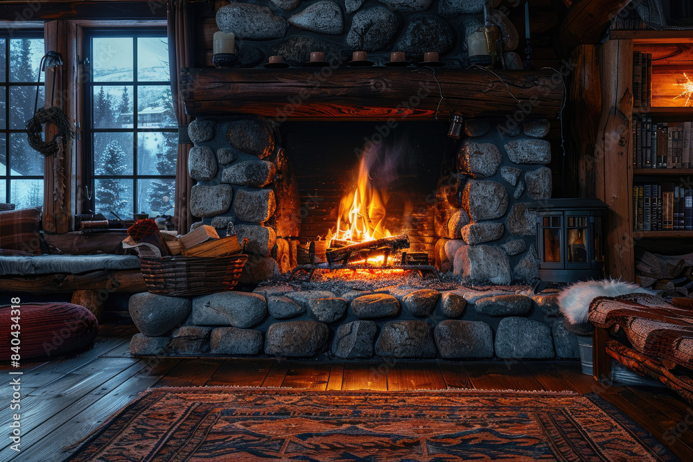 A realistic photo of a roaring fireplace in a rustic cabin