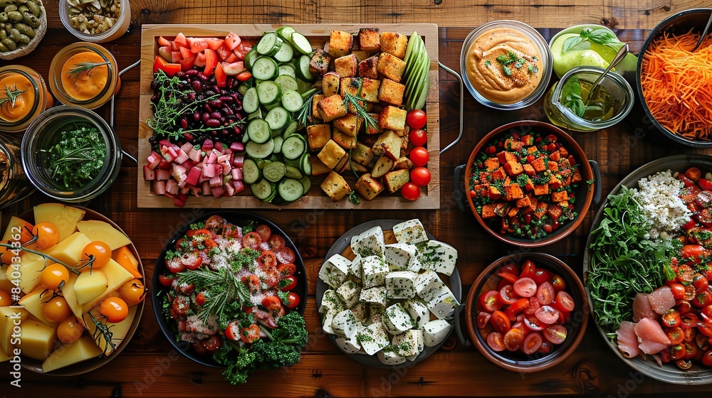 homemade food on table during potluck seen from above.stock photo homemade food on table during potluck seen from above.stock photo