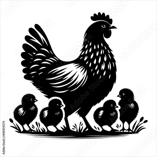 Mother Hen with Her Chicks silhouette vector. Happy mother hen walking with her cute little chicks