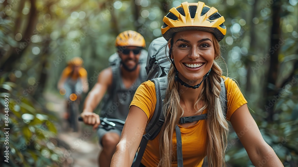 friends riding mountain bikes with smiles on their faces.stock illustration friends riding mountain bikes with smiles on their faces.stock illustration