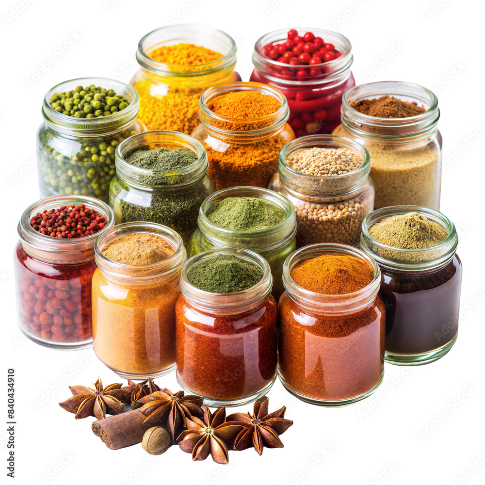 Variety of colorful spices in glass jars on a transparent background Variety of colorful spices in glass jars on a transparent background