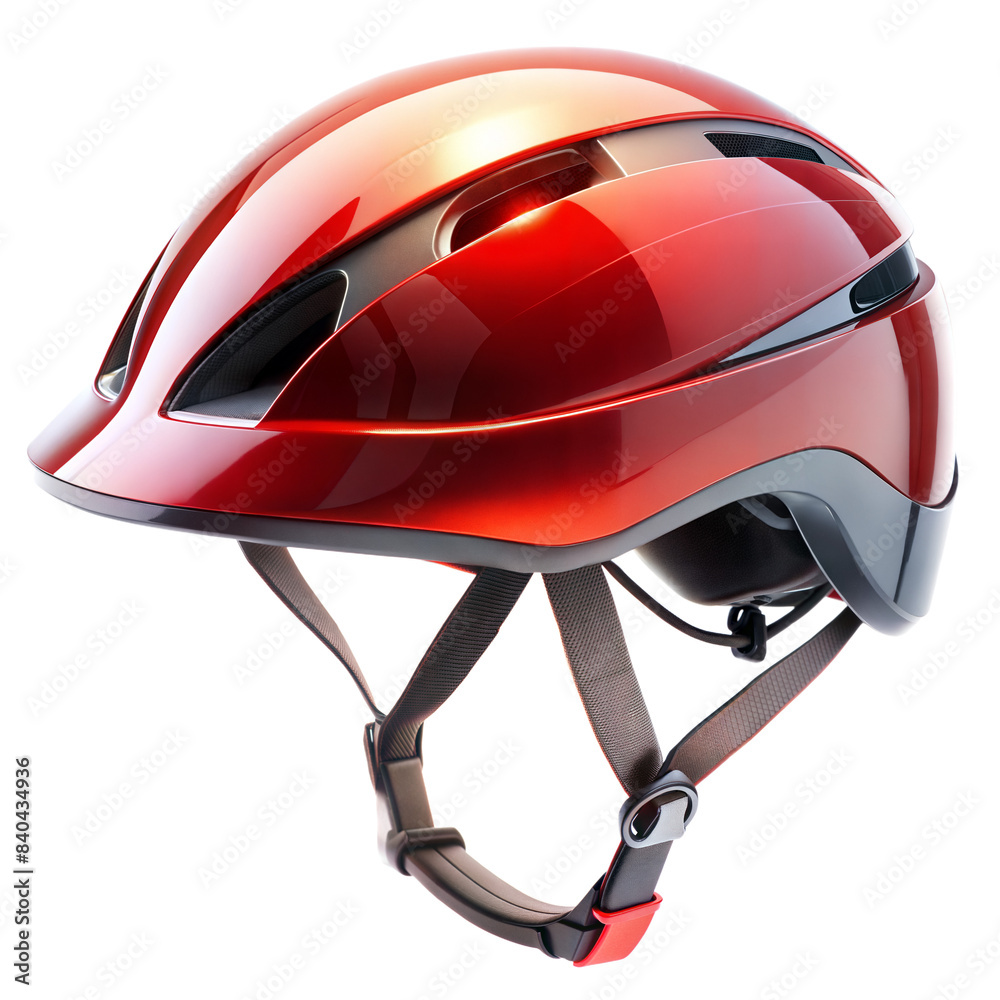 Sleek red bicycle helmet with modern design and chin strap Sleek red bicycle helmet with modern design and chin strap