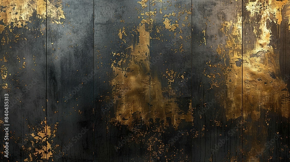A black-and-gold wall has paint splatters and a clock nearby A black-and-gold wall has paint splatters and a clock nearby