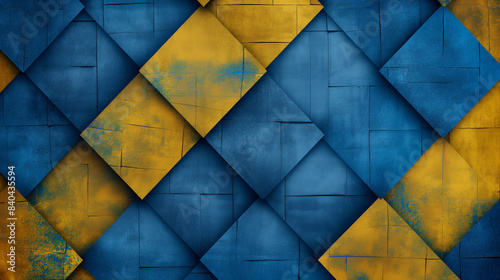 Fundo geométrico azul e amarelo com um padrão diagonal de quadrados texturizados photo