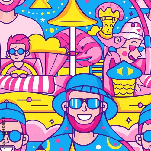 A line art of a family at a theme park  with rides  cotton candy  and everyone wearing hats and sunglasses. Minimal pattern banner wallpaper  simple background  Seamless 