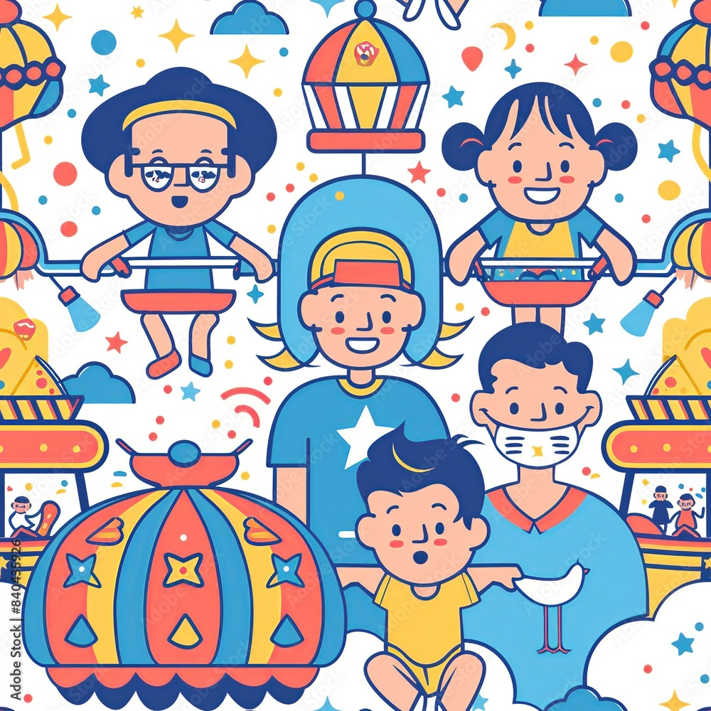 A line art of a family at a theme park, with rides, cotton candy, and everyone wearing hats and sunglasses. Minimal pattern banner wallpaper, simple background, Seamless,