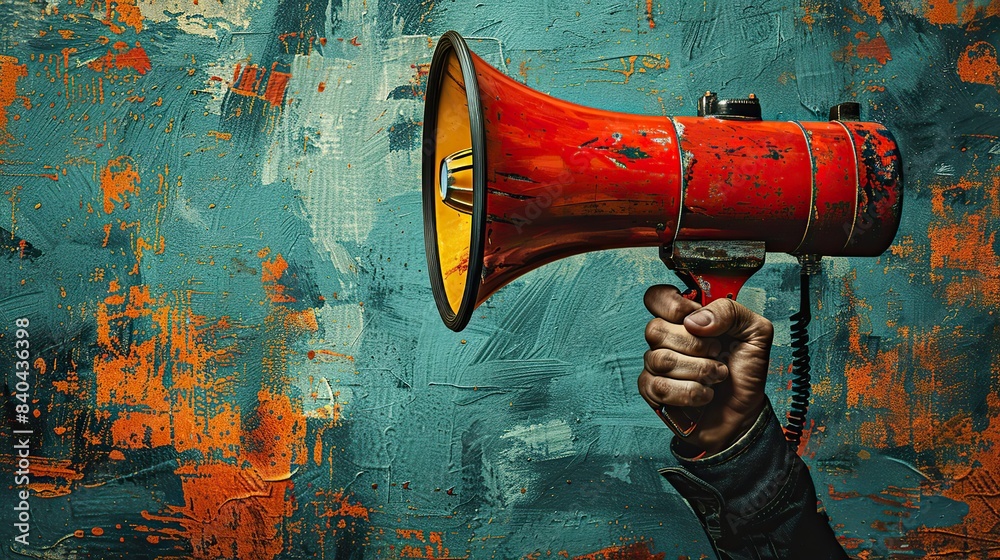 the picture depicts a human hand holding a megaphone and spreading fake ...