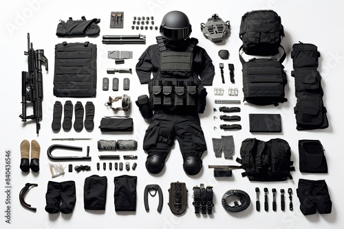 knolling of tactical gear army police equipment photo