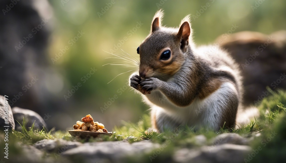 A furry little critter holds nuts between boulders. A furry little critter holds nuts between boulders.
