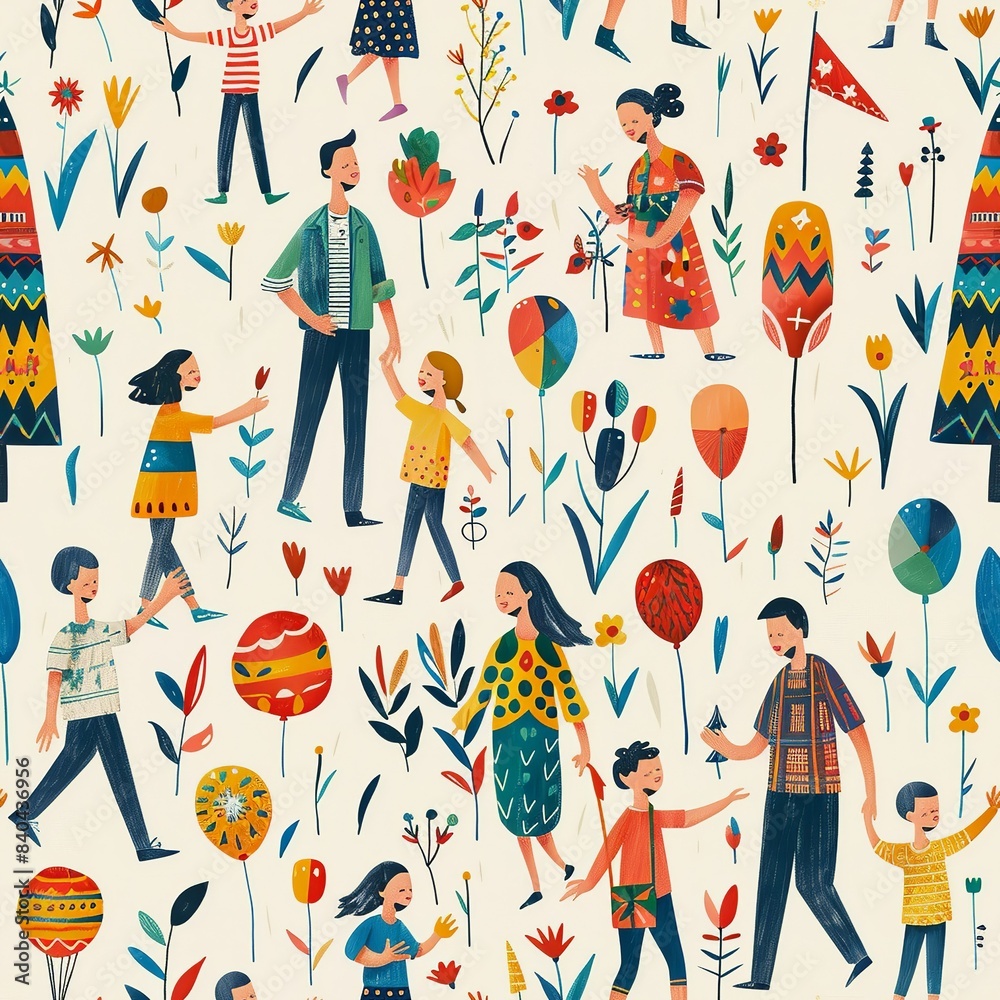 A colorful drawing of a family enjoying a holiday parade, with floats, balloons, and everyone waving flags. Minimal pattern banner wallpaper, simple background, Seamless, A colorful drawing of a family enjoying a holiday parade, with floats, balloons, and everyone waving flags. Minimal pattern banner wallpaper, simple background, Seamless,