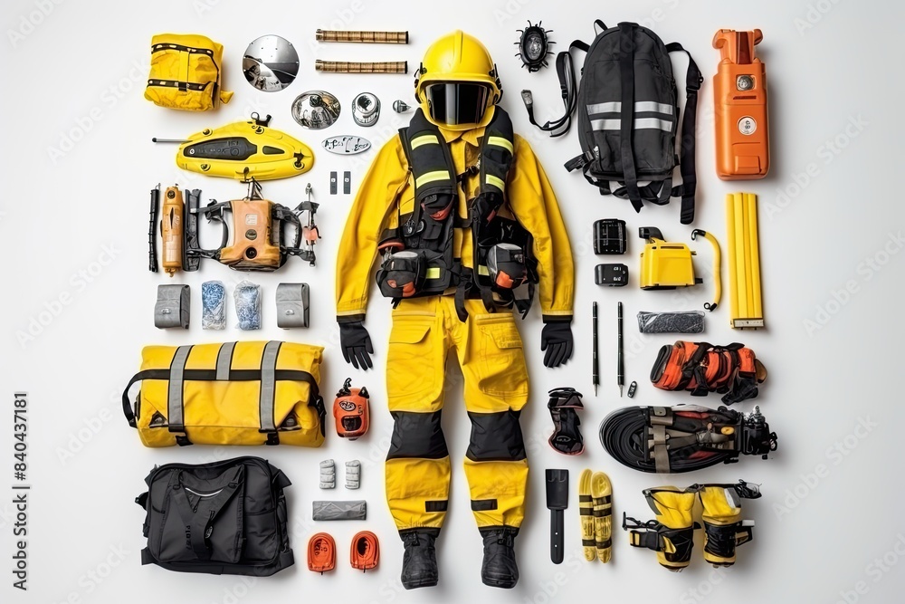 knolling of rescue, isolated white background knolling of rescue, isolated white background