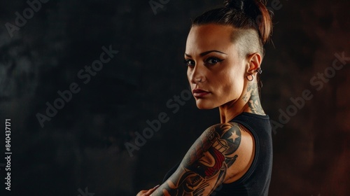 Pretty young woman with tattoo on body, black background