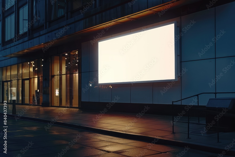 An empty billboard on a building exterior for mockup advertisement, at dusk with a lit interior backdrop