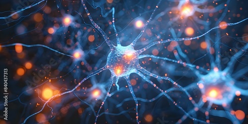 Visualization of Active Neural Network Glowing Neurons Firing in the Brain. Concept Artificial Intelligence, Neural Network, Brain Activity, Visualization, Glowing Neurons