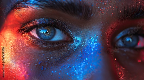 an eye collage of close up male and female eyes isolated on a neon neon background multicolored stripes represent equality union of all nations ages and interests.image illustration