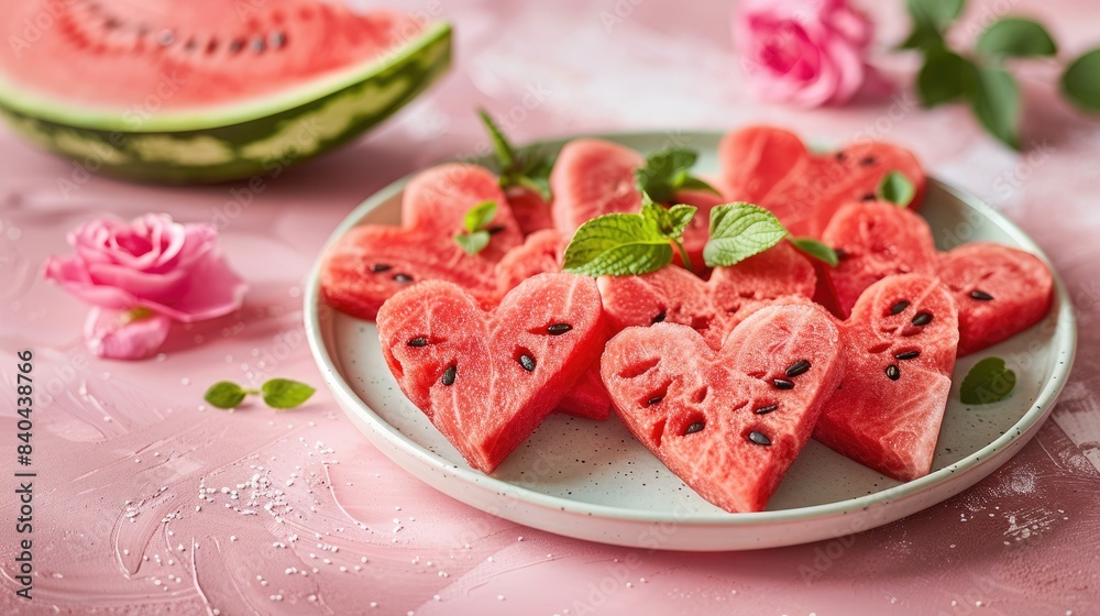 Heart-shaped watermelon slices on a plate, surrounded by pink roses and mint leaves, with a fresh, summery vibe. Heart-shaped watermelon slices on a plate, surrounded by pink roses and mint leaves, with a fresh, summery vibe.