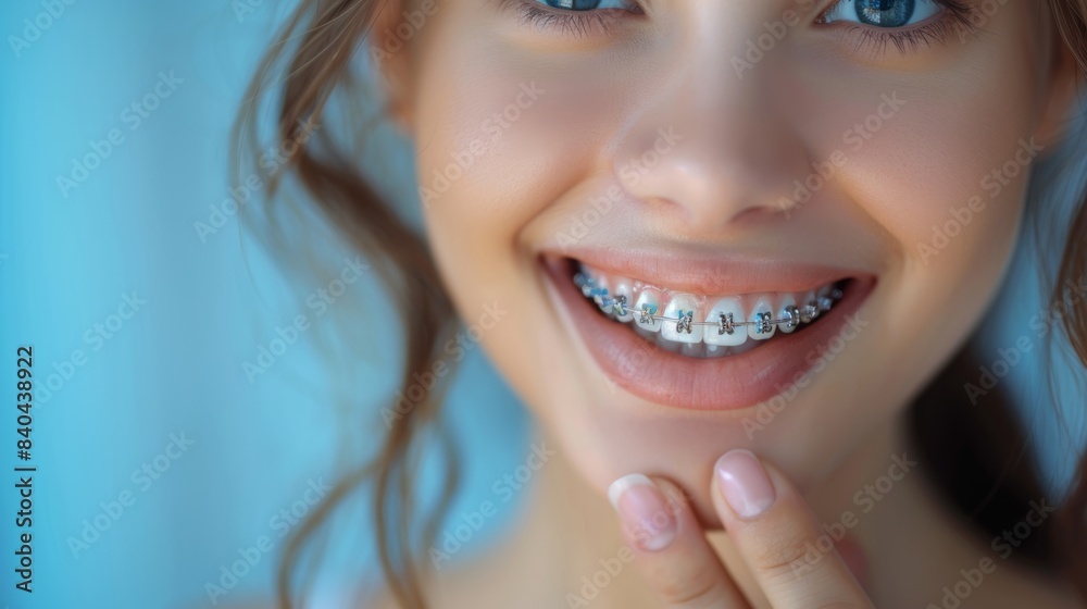 Woman with dental braces cleaning teeth Woman with dental braces cleaning teeth