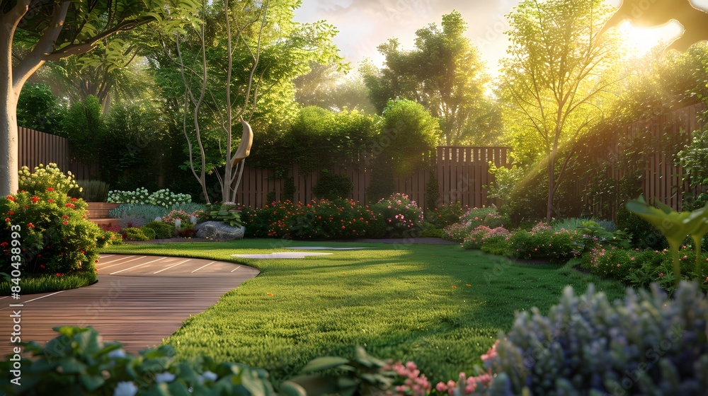A beautifully landscaped residential garden highlighted by a verdant lawn and a winding path leading to a cozy wooden deck. A beautifully landscaped residential garden highlighted by a verdant lawn and a winding path leading to a cozy wooden deck.