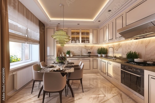 Beige kitchen interior with dining table