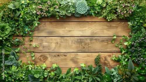 Wooden background surrounded by various green plants and leaves, perfect for nature and garden-themed designs or backgrounds. © WACHI