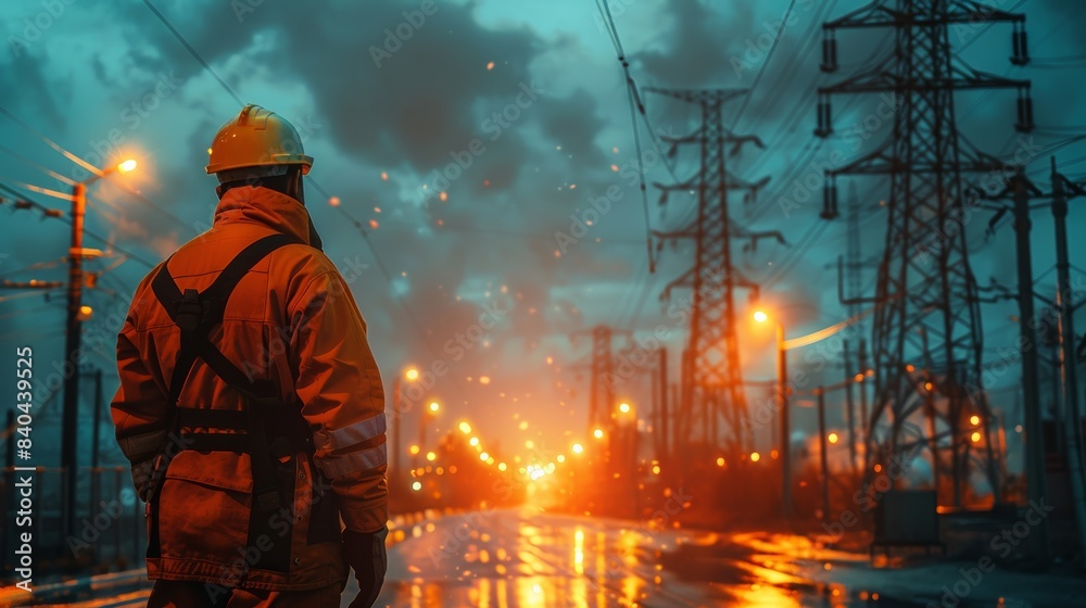 Electrical line worker during an emergency blackout. Intense and urgent atmosphere. Electrical line worker during an emergency blackout. Intense and urgent atmosphere.