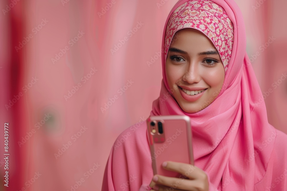 Islamic woman with mobile phone on the pink background Islamic woman with mobile phone on the pink background