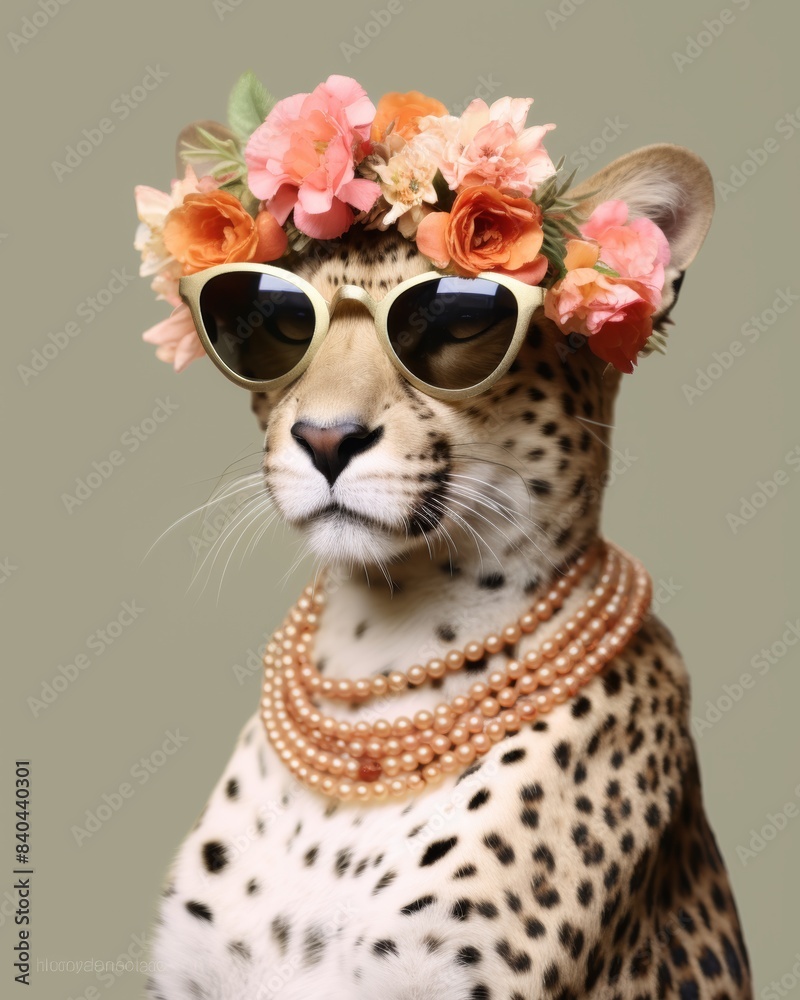 A slender cheetah, leopard wearing glasses and flowers on her head, Wearing a string of small pearl necklaces, fashionable opulence, White background A slender cheetah, leopard wearing glasses and flowers on her head, Wearing a string of small pearl necklaces, fashionable opulence, White background