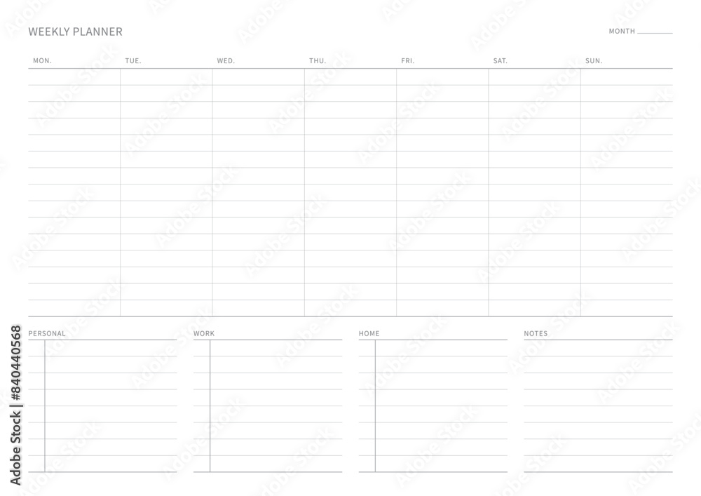 A weekly plan design template in a modern, simple, and minimalist style. Note, scheduler, diary, calendar, planner document template illustration. A weekly plan design template in a modern, simple, and minimalist style. Note, scheduler, diary, calendar, planner document template illustration.