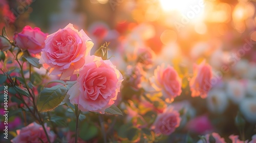 A blurry background of roses in full bloom, with the foreground featuring pink and white flowers and green leaves. © horizon