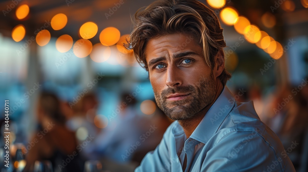 Man is standing and look back, the man wearing blue casual clothes, he is around 40, Caucasian, many guests around, luxurious banquet Man is standing and look back, the man wearing blue casual clothes, he is around 40, Caucasian, many guests around, luxurious banquet