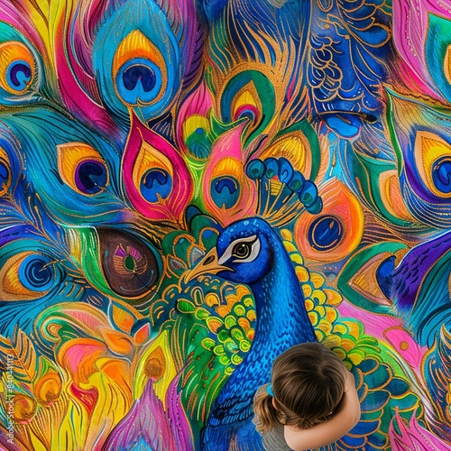 A young child drawing a vibrant peacock, with an emphasis on the intricate details of the feathers, using multiple colors. Minimal pattern banner wallpaper, simple background, Seamless, © DARIKA